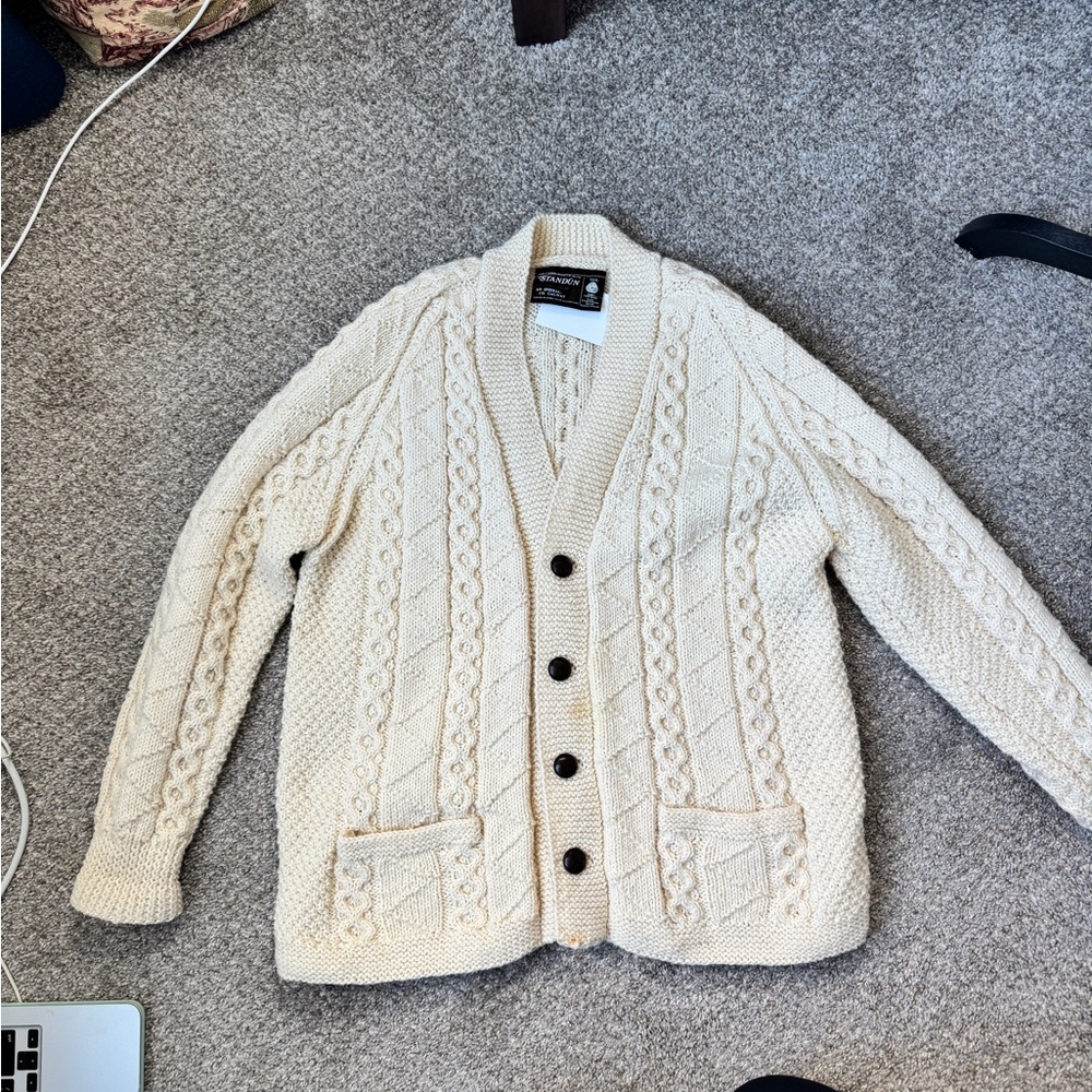 Vintage Cozy Irish Wool Cream Cable Knit Cardigan - Picture 4 of 15